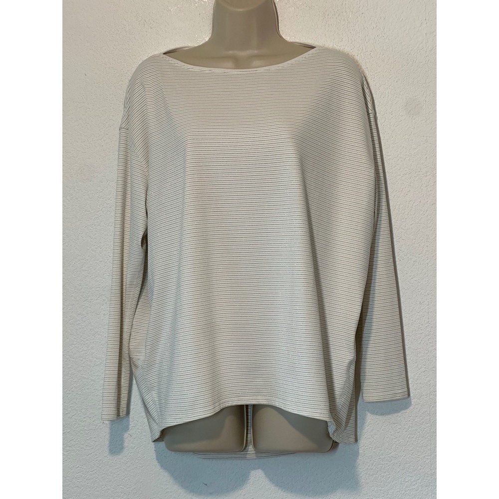 Lululemon White Gold Metallic Micro Stripe Long Sleeve Boat Neck Tope
